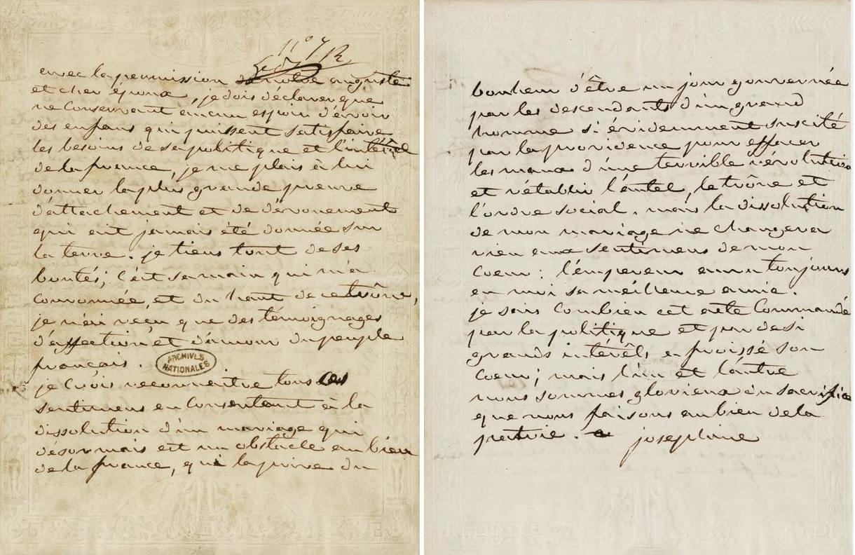 Detalle de la carta de divorcio enviada por Josefina a Napoleón.