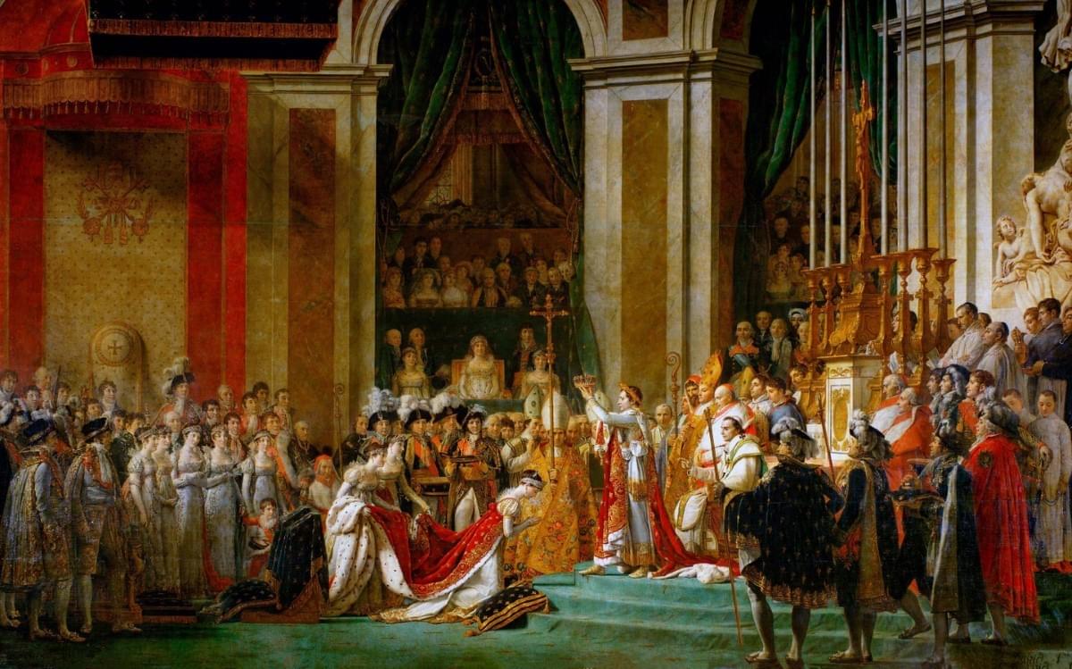Josefina se arrodilla ante Napoleón durante su coronación en Notre Dame, pintura al óleo por Jacques-Louis David, 1808.